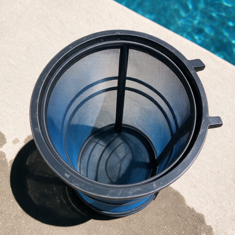 An emptied leaf-canister basket on the pool deck.