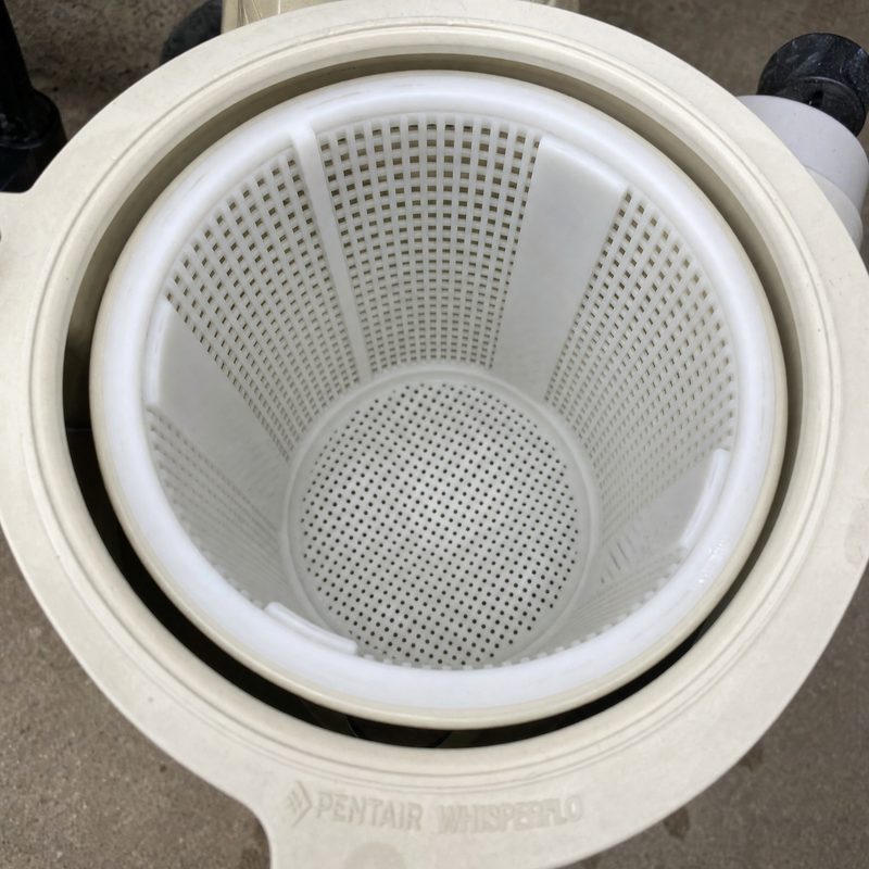 An emptied pump basket seated in the pump housing.