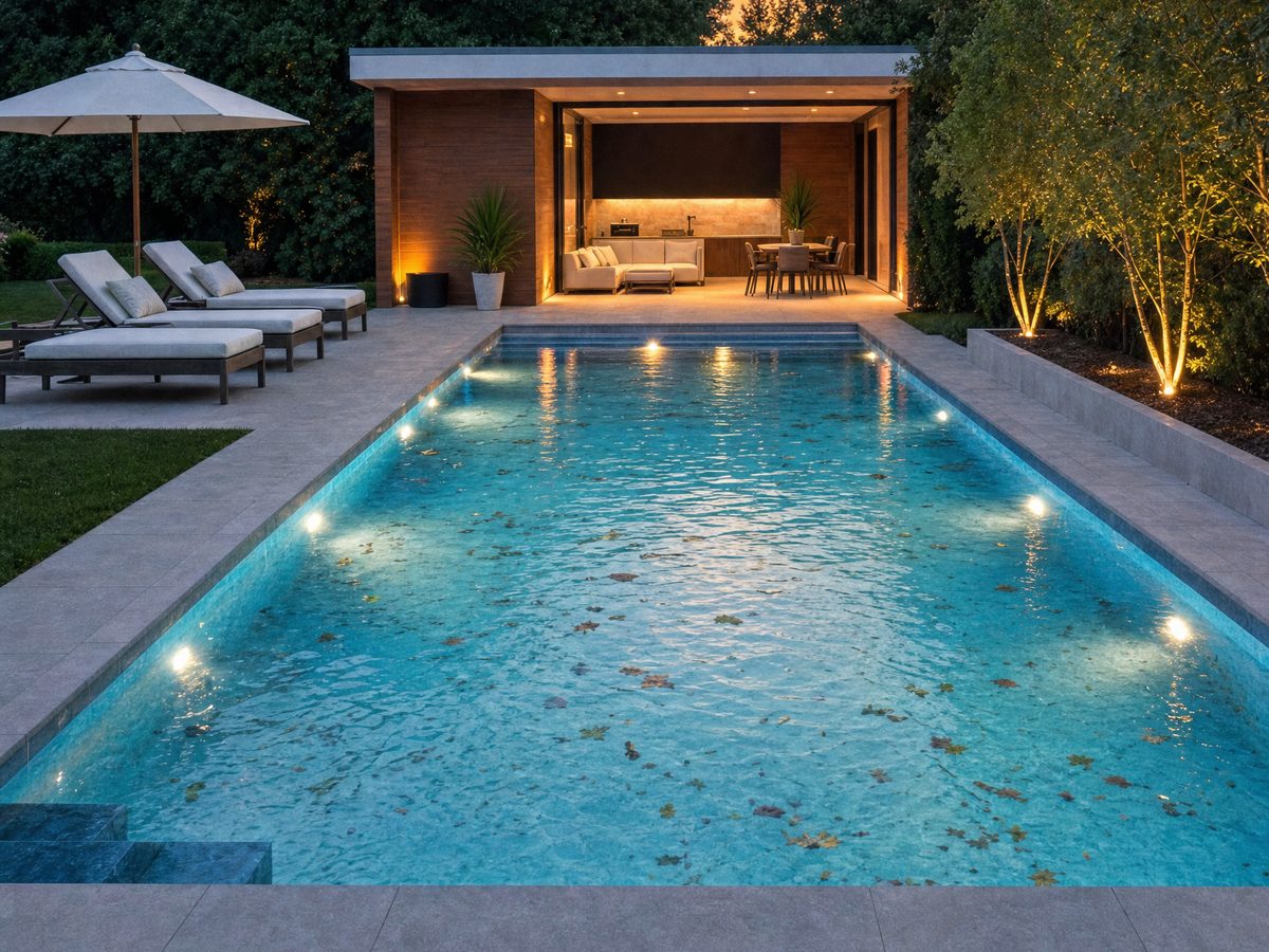 A lit backyard pool at dusk with fallen leaves floating on the surface, dragged left and right to compare with the same pool after the visit.
