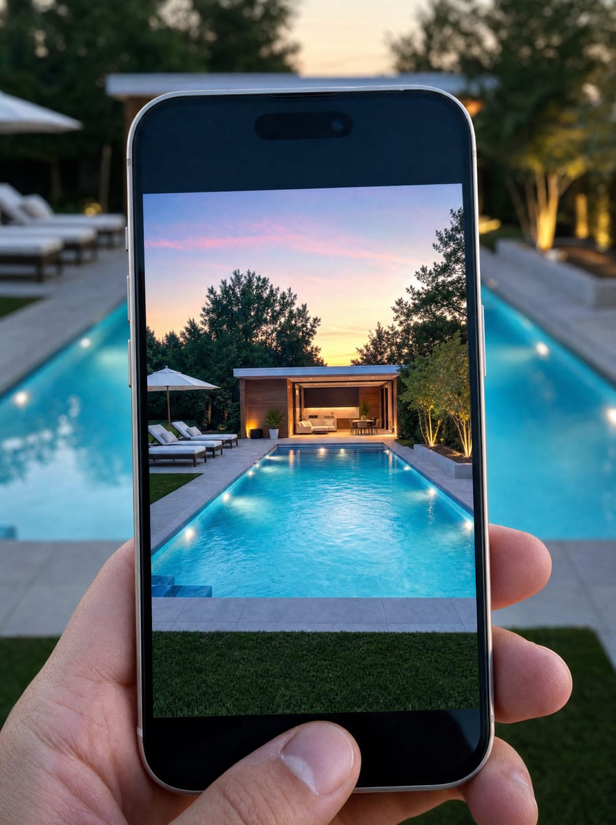 A phone held up to a backyard pool, its screen showing the pool in the camera view